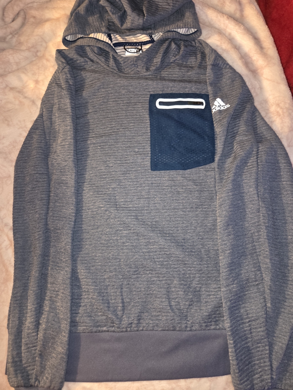 Adidas Gray Hooded Pullover with Navy Pocket- Large